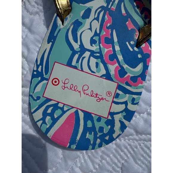 NEW Lilly Pulitzer Target My Fans Flip Flops Women Gold Straps w/Pink & Blue - Picture 2 of 4